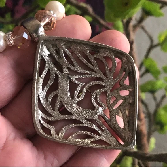Handcrafted repurpose large filigree pendant Czech glass Pearl necklace